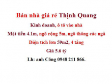 Bán nhà rẻ, Thịnh Quang 59m2, 4 tầng, mt 4.1m, giá 5.6 tỷ