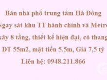 Tòa nhà ngự tọa mặt phố TT  Hà đông - chủ chuyển đổi lớn hơn, cần bán gấp, chỉ 7,5tỷ.