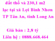 Bán 2160,5 m2 diện tích đất thổ và 230,1 m2 diện tích đất lúa toạ lạc tại xã Lợi Bình Nhơn, thành phố Tân An, tỉnh Long An
