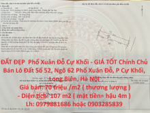 ĐẤT ĐẸP  Phố Xuân Đỗ Cự Khối - GIÁ TỐT Chính Chủ Bán Lô Đất 107m2, Tổ 8, Cự Khối, Long Biên