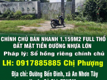 CHÍNH CHỦ BÁN NHANH 1.159M2 FULL THỔ ĐẤT MẶT TIỀN ĐƯỜNG NHỰA LỚN.