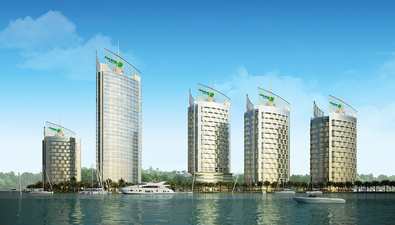 Phối cảnh 5 tòa tháp thung tâm tài chính – thương mại của dự án Five Star Eco City