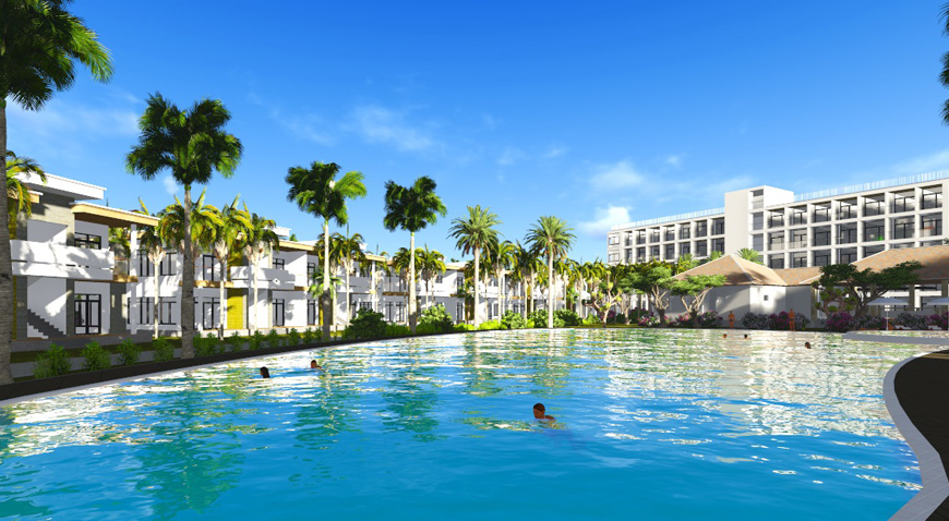 Phối cảnh khuôn viên hồ bơi tại khu nghỉ dưỡng Diamond Bay Condotel Resort Nha Trang