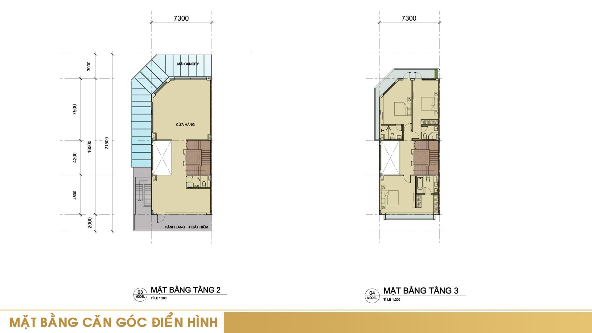 Mặt bằng tầng 2 và tầng 3 căn góc điển hình tại khu nhà phố Sari Town 