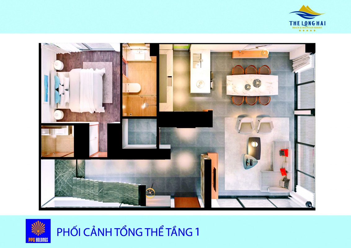 Phối cảnh tầng 1 mẫu biệt thự dọc dự án The Long Hai Beach & Mountain Resort Vũng Tàu