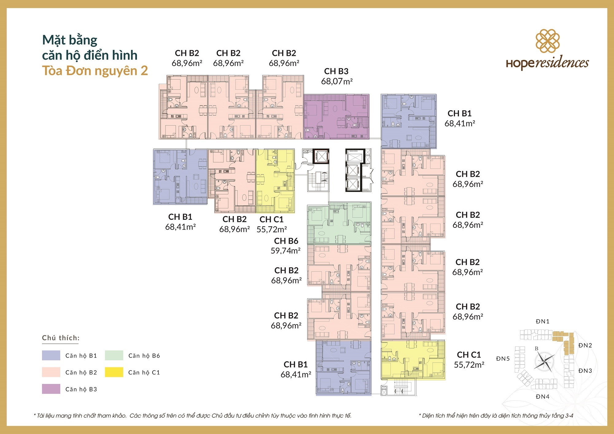 Mặt bằng tầng điển hình đơn nguyên 2 dự án chung cư Hope Residences Long Biên