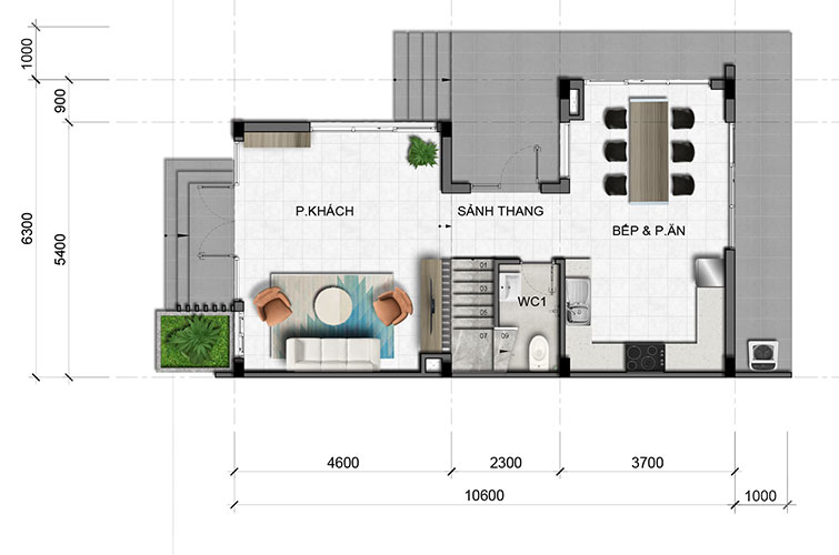 Mặt bằng tầng điển hình (tầng trệt) căn biệt thự tại dự án Văn Hoa tỉnh Đồng Nai