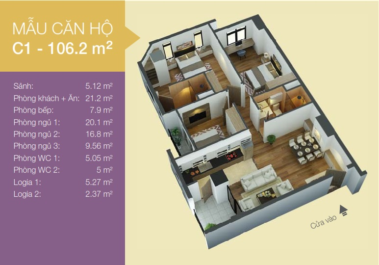 Mặt bằng căn hộ C1 điển hình rộng 106,2m2 của dự án căn hộ An Bình I quận Hoàng Mai