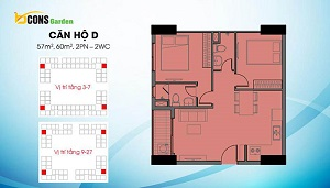 Căn D có diện tích dao động 57 m2 và 60 m2 (loại căn 2PN và 2WC)