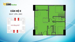 Căn E có diện tích 58 m2 (loại căn 2PN và 2WC)