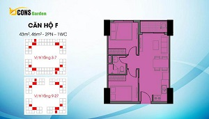 Căn F có diện tích dao động 43 m2 và 46 m2 (loại căn 2PN và 1WC)