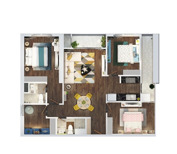 Thiết kế chi tiết căn hộ 3 phòng ngủ diện tích 96.6 m2 dự án The Terra An Hưng